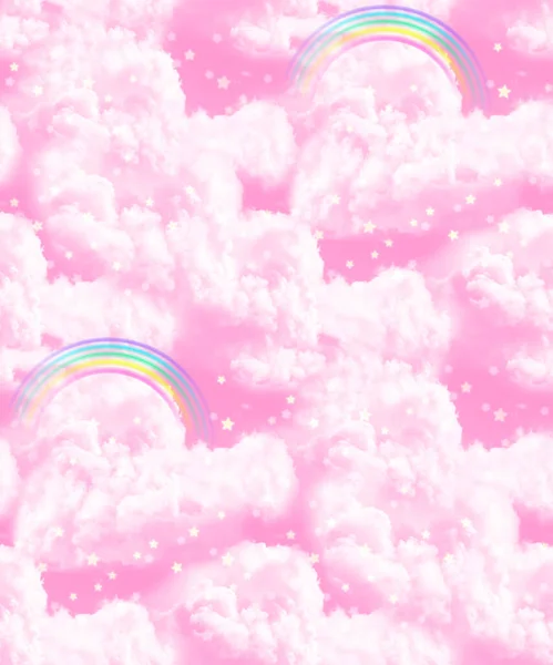 輝く星と虹と魔法のピンクの雲 幻想的なイラスト シームレスなパターン 子供部屋の壁紙に最適 — ストック写真