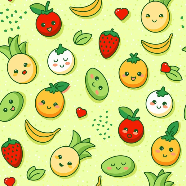 多汁的热带水果 令人心旷神怡 Kawaii卡通风格 矢量图解 无缝线向量模式 适合儿童用品 — 图库矢量图片