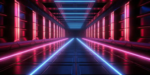 Illustratie Neon Gloeiende Lampen Een Donkere Tunnel Reflecties Vloer Muren — Stockfoto