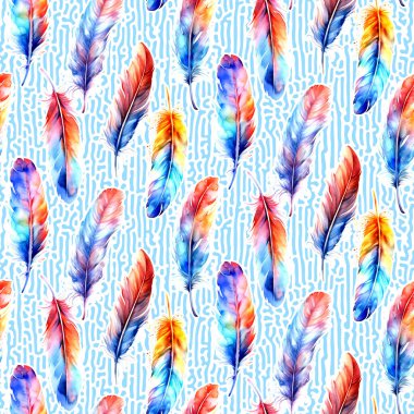 Renkli suluboya tüyler, mavi arka planda pürüzsüz desen, fantezi illüstrasyonu,