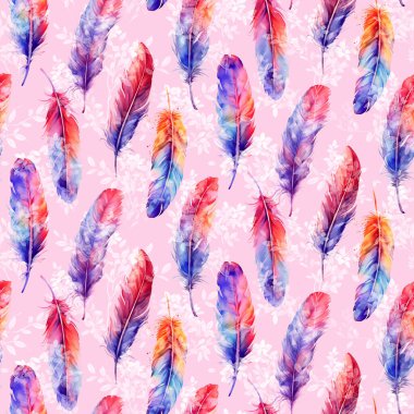 Renkli suluboya tüyler, pembe arka planda pürüzsüz desen, fantezi illüstrasyonu,