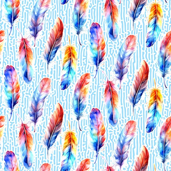 Renkli suluboya tüyler, mavi arka planda pürüzsüz desen, fantezi illüstrasyonu,