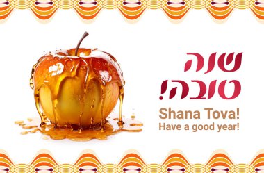 Rosh hashanah tebrik kartı - Yahudi Yeni Yılı, Shana tova 'ya İbranice yazılan selamlama mesajı - İyi bir yıl dilerim, Apple damlayan bal damlatarak tatlı hayatın bir Yahudi sembolü, dekore edilmiş sınır simgesi olarak