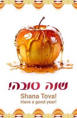 Rosh hashanah tebrik kartı - Yahudi Yeni Yılı, Shana tova 'ya İbranice yazılan selamlama mesajı - çeviri - iyi yıllar, elma damlayan sıvı bala batırılmış bir şekilde Yahudi sembolü olarak tatlı hayat, dikey bayrak