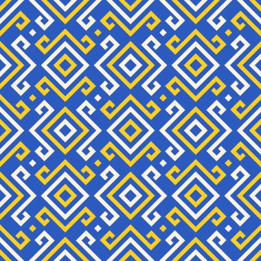 Mavi ve sarı Yunan anahtarlı kusursuz desen, etnik sanat tarzı, mükemmel kare şekilli tasarım. Soyut geometrik arkaplan, kumaş desenleri, duvar kağıtları, hatıra defteri için mükemmel