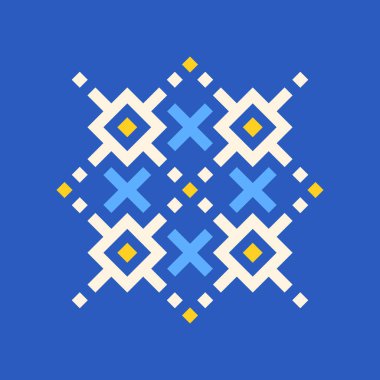 Geleneksel Ukrayna nakış deseni için logo, basit vektör logosu ikonu, mavi ve sarı renkler, simetrik bileşim, geometrik şekiller, minimalist tarz, modern estetik.