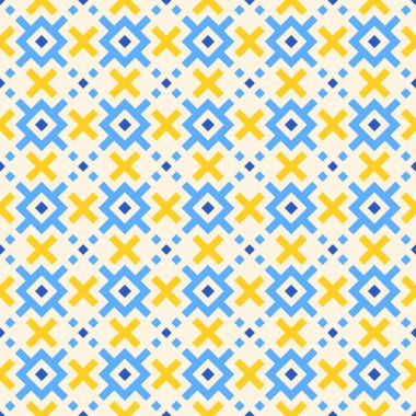 Geleneksel Ukrayna nakış işlemeli mavi, sarı, beyaz pikselli sanat deseni, kusursuz arka plan vektör çizimi. Tekstil tasarımı, kumaş veya ambalaj için minimalist geometrik baskı