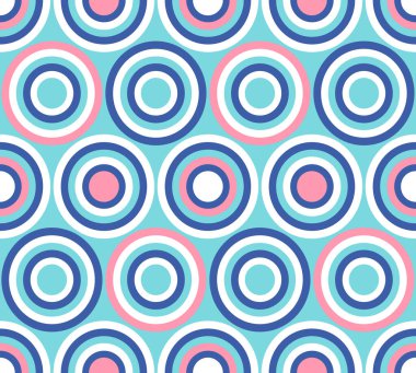 Soyut geometrik model, kusursuz vektör arkaplan. Moda tekstili, kumaşlar, duvar kağıtları ve web geçmişleri için tekrarlanabilir geometri fayansları. Turkuaz, pembe ve lacivert daireler.