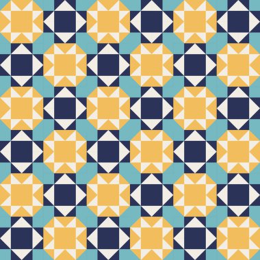 Mavi ve sarı aksanlı geometrik desen, kusursuz tekrarlayan desenler, vektör sanat tarzı, basit şekiller, düz renk blokları, retro tasarım