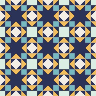 Mavi ve sarı aksanlı geometrik desen, kusursuz tekrarlayan desenler, vektör sanat tarzı, basit şekiller, düz renk blokları, retro tasarım