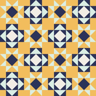 Mavi ve sarı aksanlı geometrik desen, kusursuz tekrarlayan desenler, vektör sanat tarzı, basit şekiller, düz renk blokları, retro tasarım