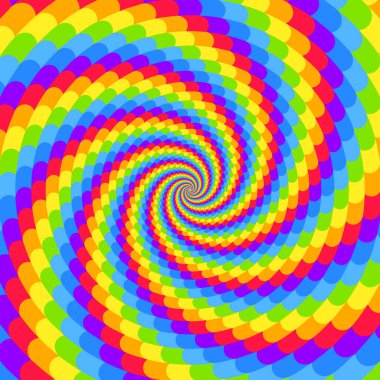 Spiral gökkuşağı hipnotik girdap arka planı, hareketin optik yanılsaması, vektör illüstrasyon sanat tarzı, renkli soyut geometrik, çok renkli psikedelik arka plan