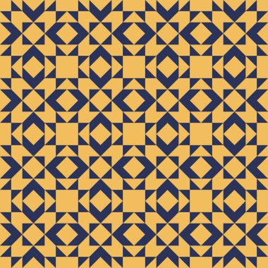 Mavi ve sarı aksanlı geometrik desen, kusursuz tekrarlayan desenler, vektör sanat tarzı, basit şekiller, düz renk blokları, retro tasarım
