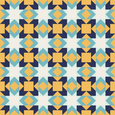 Mavi ve sarı aksanlı geometrik desen, kusursuz tekrarlayan desenler, vektör sanat tarzı, basit şekiller, düz renk blokları, retro tasarım