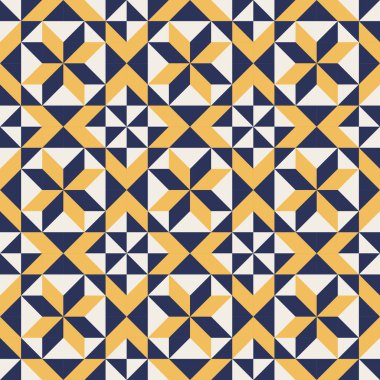 Mavi ve sarı aksanlı geometrik desen, kusursuz tekrarlayan desenler, vektör sanat tarzı, basit şekiller, düz renk blokları, retro tasarım