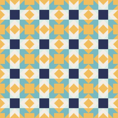 Mavi ve sarı aksanlı geometrik desen, kusursuz tekrarlayan desenler, vektör sanat tarzı, basit şekiller, düz renk blokları, retro tasarım