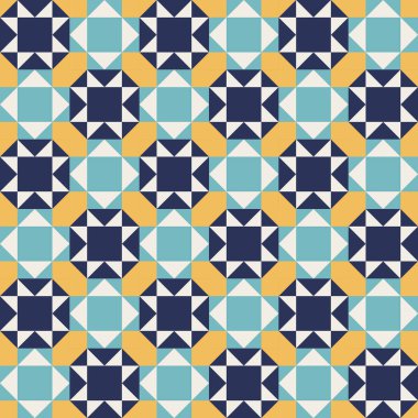Mavi ve sarı aksanlı geometrik desen, kusursuz tekrarlayan desenler, vektör sanat tarzı, basit şekiller, düz renk blokları, retro tasarım