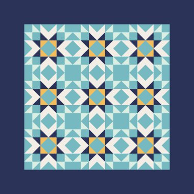 Geometrik desenli, mavi ve hardal sarısı aksanlı sanat baskısı, tekrarlayan desenler, vektör sanat tarzı, basit şekiller, düz renk blokları, retro tasarım