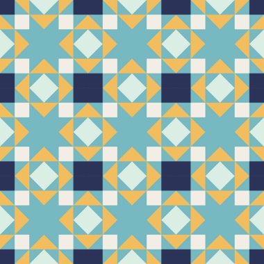 Mavi ve sarı aksanlı geometrik desen, kusursuz tekrarlayan desenler, vektör sanat tarzı, basit şekiller, düz renk blokları, retro tasarım