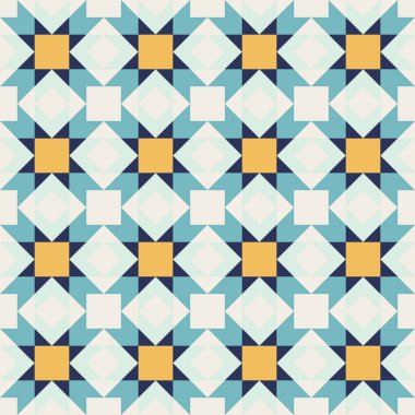 Mavi ve sarı aksanlı geometrik desen, kusursuz tekrarlayan desenler, vektör sanat tarzı, basit şekiller, düz renk blokları, retro tasarım