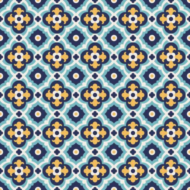 Fas 'ta Çiçek Motifleri, çimento döşeme döşemeleri, lacivert ve turkuaz renkleri ve sarı renkleri olan Kusursuz Vektör Deseni,