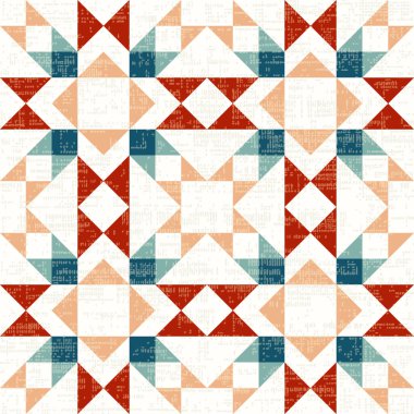 Rustic patchwork plaid pattern, seamless quilt block pattern background, featuring simple shapes, slightly textured, vector illustration, red turquoise green beige colors, clipart