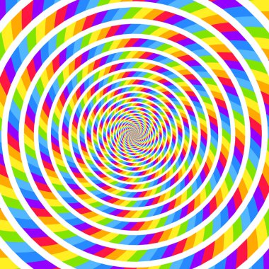 Spiral gökkuşağı hipnotik girdap arka planı, hareketin optik yanılsaması, vektör illüstrasyon sanat tarzı, renkli soyut geometrik, çok renkli psikedelik arka plan