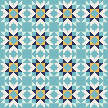 Mavi ve sarı aksanlı geometrik desen, kusursuz tekrarlayan desenler, vektör sanat tarzı, basit şekiller, düz renk blokları, retro tasarım