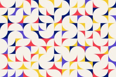 Soyut geometrik arkaplan, rastlantısal düzen ve renklerdeki Bauhaus tarzı elementler, kusursuz vektör jeo deseni, basit düz biçim şekilleri
