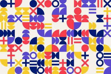 Soyut geometrik arkaplan, rastlantısal düzen ve renklerdeki Bauhaus tarzı elementler, kusursuz vektör jeo deseni, basit düz biçim şekilleri