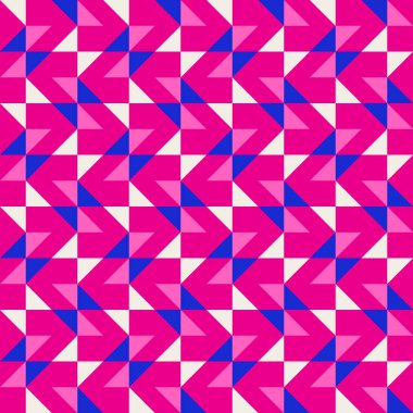 Parlak, parlak, enerjik, soyut geometrik, dikişsiz vektör deseni, renk bloğu. Yüksek kontrastlı geometrik renkli arkaplan. Pembe fuşya moru ve çivit mavisi renk kombinasyonu.
