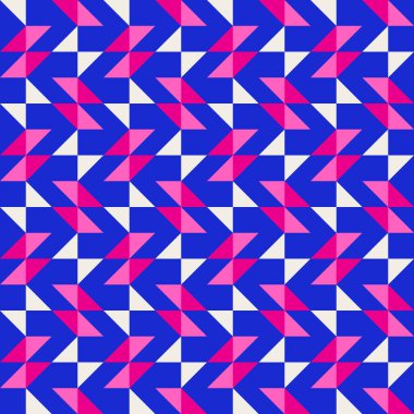 Parlak, parlak, enerjik, soyut geometrik, dikişsiz vektör deseni, renk bloğu. Yüksek kontrastlı geometrik renkli arkaplan. Pembe fuşya moru ve çivit mavisi renk kombinasyonu.