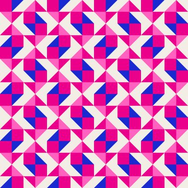 Parlak, parlak, enerjik, soyut geometrik, dikişsiz vektör deseni, renk bloğu. Yüksek kontrastlı geometrik renkli arkaplan. Pembe fuşya moru ve çivit mavisi renk kombinasyonu.