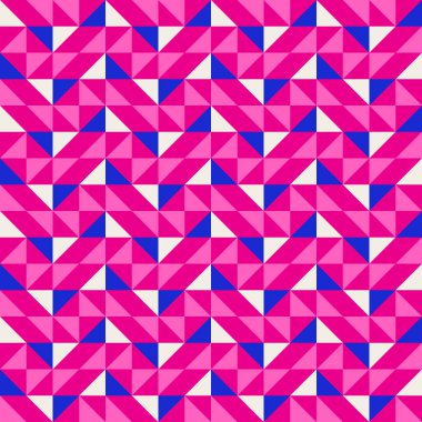 Parlak, parlak, enerjik, soyut geometrik, dikişsiz vektör deseni, renk bloğu. Yüksek kontrastlı geometrik renkli arkaplan. Pembe fuşya moru ve çivit mavisi renk kombinasyonu.