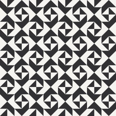 Siyah ve beyaz soyut geometrik yorgan deseni. Üçgenli yüksek kontrastlı geometrik monokrom yamalı arka plan. Basit renkler. Hatırlaması kolay. Renk bloğu vektör illüstrasyonu.