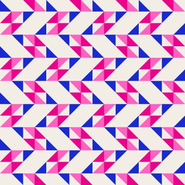 Parlak, parlak, enerjik, soyut geometrik, dikişsiz vektör deseni, renk bloğu. Yüksek kontrastlı geometrik renkli arkaplan. Pembe fuşya moru ve çivit mavisi renk kombinasyonu.