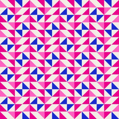 Parlak, parlak, enerjik, soyut geometrik, dikişsiz vektör deseni, renk bloğu. Yüksek kontrastlı geometrik renkli arkaplan. Pembe fuşya moru ve çivit mavisi renk kombinasyonu.