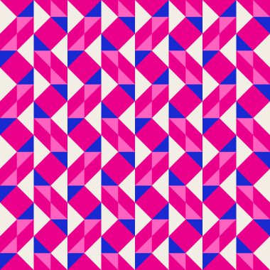 Parlak, parlak, enerjik, soyut geometrik, dikişsiz vektör deseni, renk bloğu. Yüksek kontrastlı geometrik renkli arkaplan. Pembe fuşya moru ve çivit mavisi renk kombinasyonu.