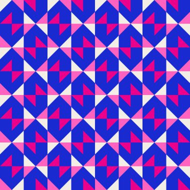 Parlak, parlak, enerjik, soyut geometrik, dikişsiz vektör deseni, renk bloğu. Yüksek kontrastlı geometrik renkli arkaplan. Pembe fuşya moru ve çivit mavisi renk kombinasyonu.