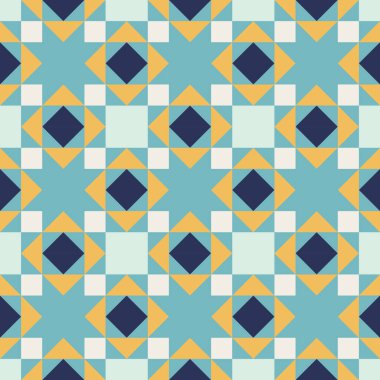 Mavi ve sarı aksanlı geometrik desen, kusursuz tekrarlayan desenler, vektör sanat tarzı, basit şekiller, düz renk blokları, retro tasarım