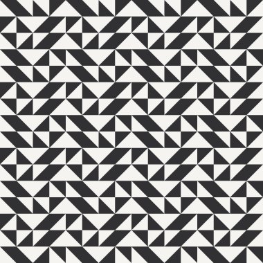 Siyah ve beyaz soyut geometrik yorgan deseni. Üçgenli yüksek kontrastlı geometrik monokrom yamalı arka plan. Basit renkler. Hatırlaması kolay. Renk bloğu vektör illüstrasyonu.