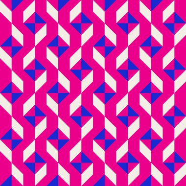 Parlak, parlak, enerjik, soyut geometrik, dikişsiz vektör deseni, renk bloğu. Yüksek kontrastlı geometrik renkli arkaplan. Pembe fuşya moru ve çivit mavisi renk kombinasyonu.
