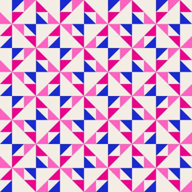 Parlak, parlak, enerjik, soyut geometrik, dikişsiz vektör deseni, renk bloğu. Yüksek kontrastlı geometrik renkli arkaplan. Pembe fuşya moru ve çivit mavisi renk kombinasyonu.