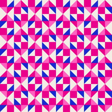 Parlak, parlak, enerjik, soyut geometrik, dikişsiz vektör deseni, renk bloğu. Yüksek kontrastlı geometrik renkli arkaplan. Pembe fuşya moru ve çivit mavisi renk kombinasyonu.