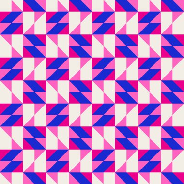 Parlak, parlak, enerjik, soyut geometrik, dikişsiz vektör deseni, renk bloğu. Yüksek kontrastlı geometrik renkli arkaplan. Pembe fuşya moru ve çivit mavisi renk kombinasyonu.