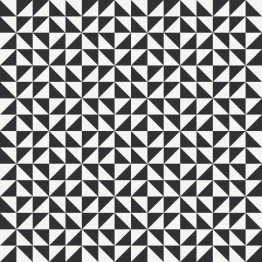Siyah ve beyaz soyut geometrik yorgan deseni. Üçgenli yüksek kontrastlı geometrik monokrom yamalı arka plan. Basit renkler. Hatırlaması kolay. Renk bloğu vektör illüstrasyonu.