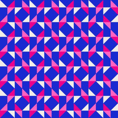 Parlak, parlak, enerjik, soyut geometrik, dikişsiz vektör deseni, renk bloğu. Yüksek kontrastlı geometrik renkli arkaplan. Pembe fuşya moru ve çivit mavisi renk kombinasyonu.