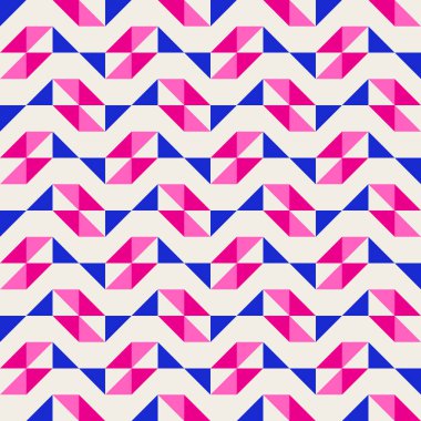 Parlak, parlak, enerjik, soyut geometrik, dikişsiz vektör deseni, renk bloğu. Yüksek kontrastlı geometrik renkli arkaplan. Pembe fuşya moru ve çivit mavisi renk kombinasyonu.