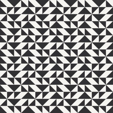 Siyah ve beyaz soyut geometrik yorgan deseni. Üçgenli yüksek kontrastlı geometrik monokrom yamalı arka plan. Basit renkler. Hatırlaması kolay. Renk bloğu vektör illüstrasyonu.