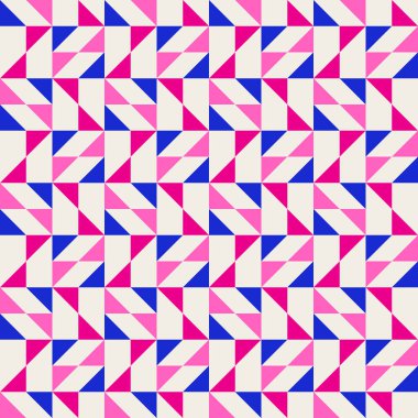 Parlak, parlak, enerjik, soyut geometrik, dikişsiz vektör deseni, renk bloğu. Yüksek kontrastlı geometrik renkli arkaplan. Pembe fuşya moru ve çivit mavisi renk kombinasyonu.
